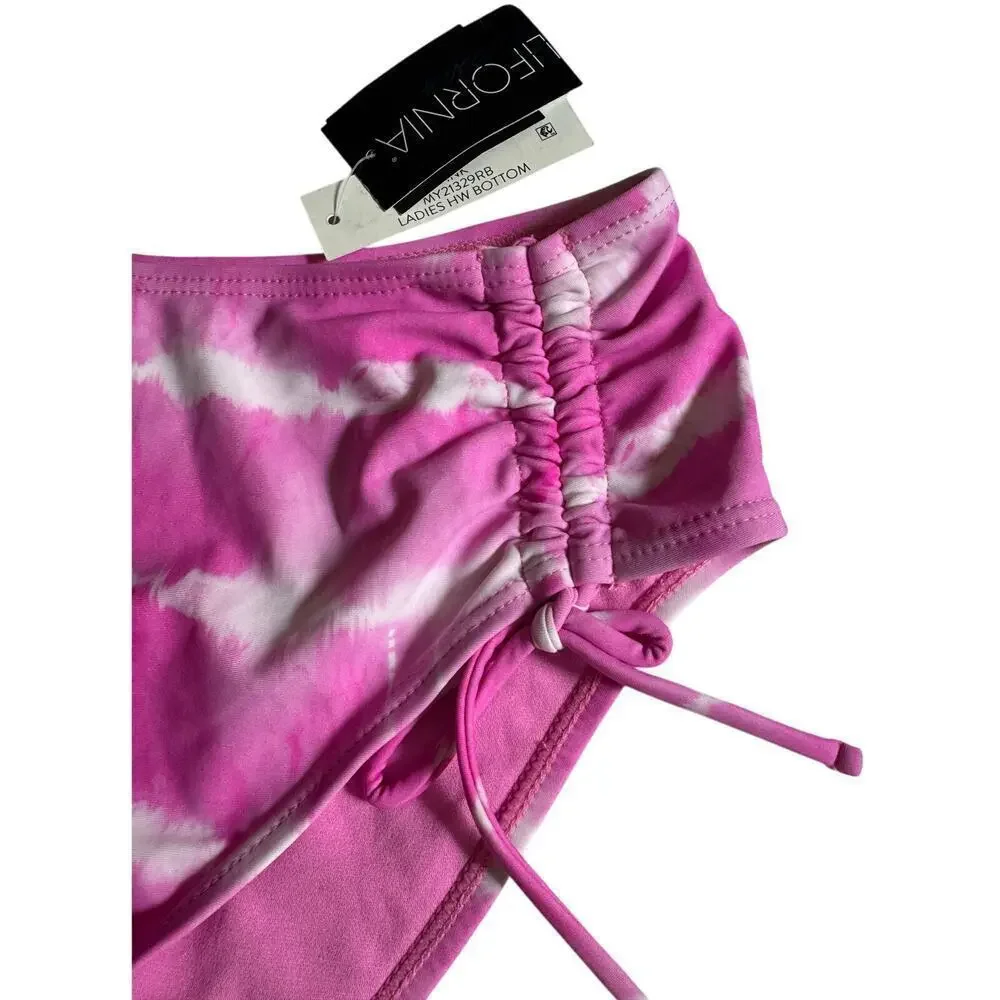 NWT California Waves tie-dyed pink and white high waisted cheeky ruffled bottom